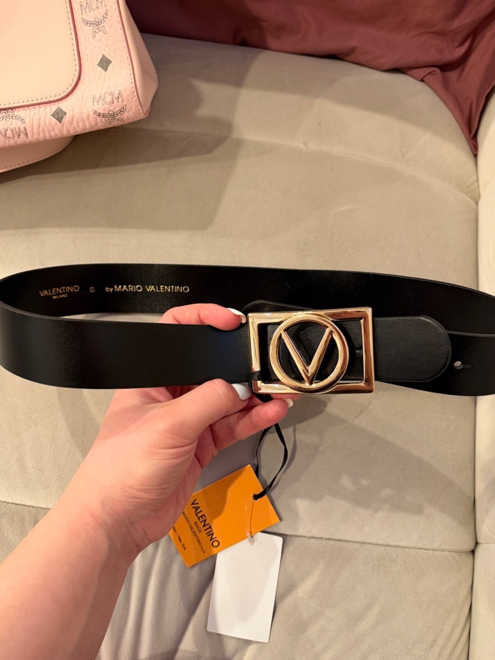 Valentino Black Leather Belt with Gold V Logo Buckle